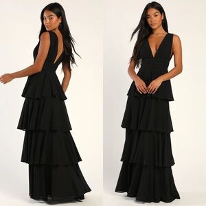 NWOT Lulu’s Amazing Evening Black Tiered Crepe Maxi Dress Small Party Glam Chic